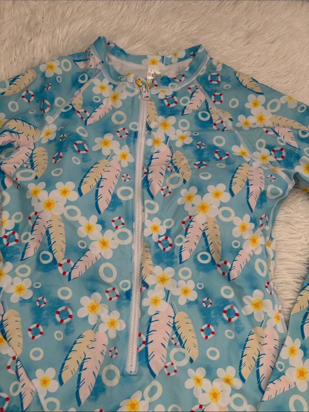 NEW Rash Guard Long Sleeve Zip Front Floral Tropical Print One Piece Swimsuit L
